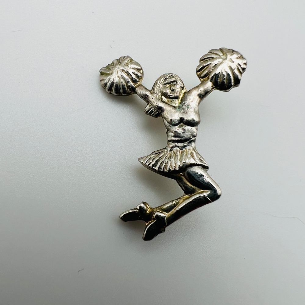 Vintage Cheerleader Lapel Pin Gold Tone Jumping Pom Poms Spirit